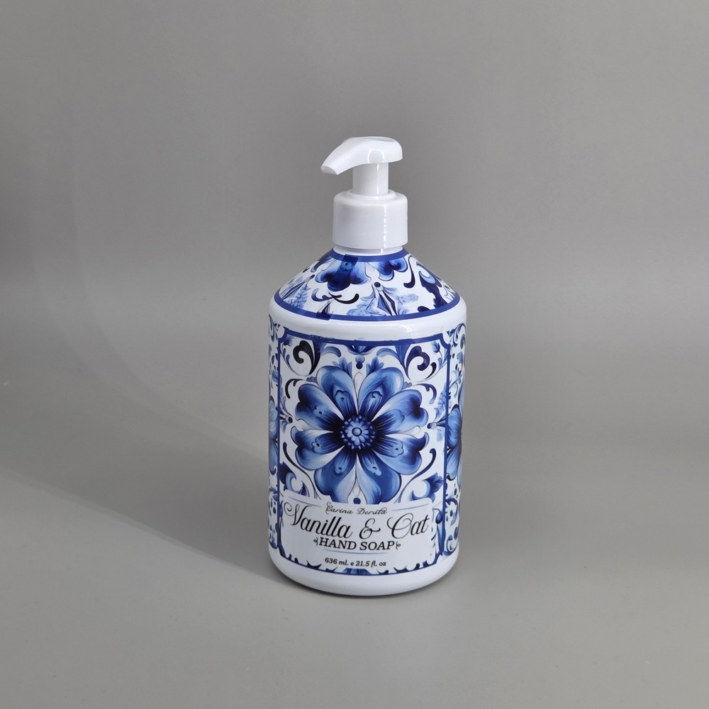 Carina Deruta Hand Soap  21 5 oz Vanilla Oat Blue White Floral Mediterranean